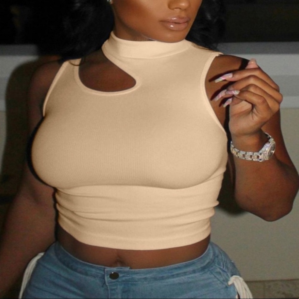 Tan sleeveless crop top with a slit on the neck line